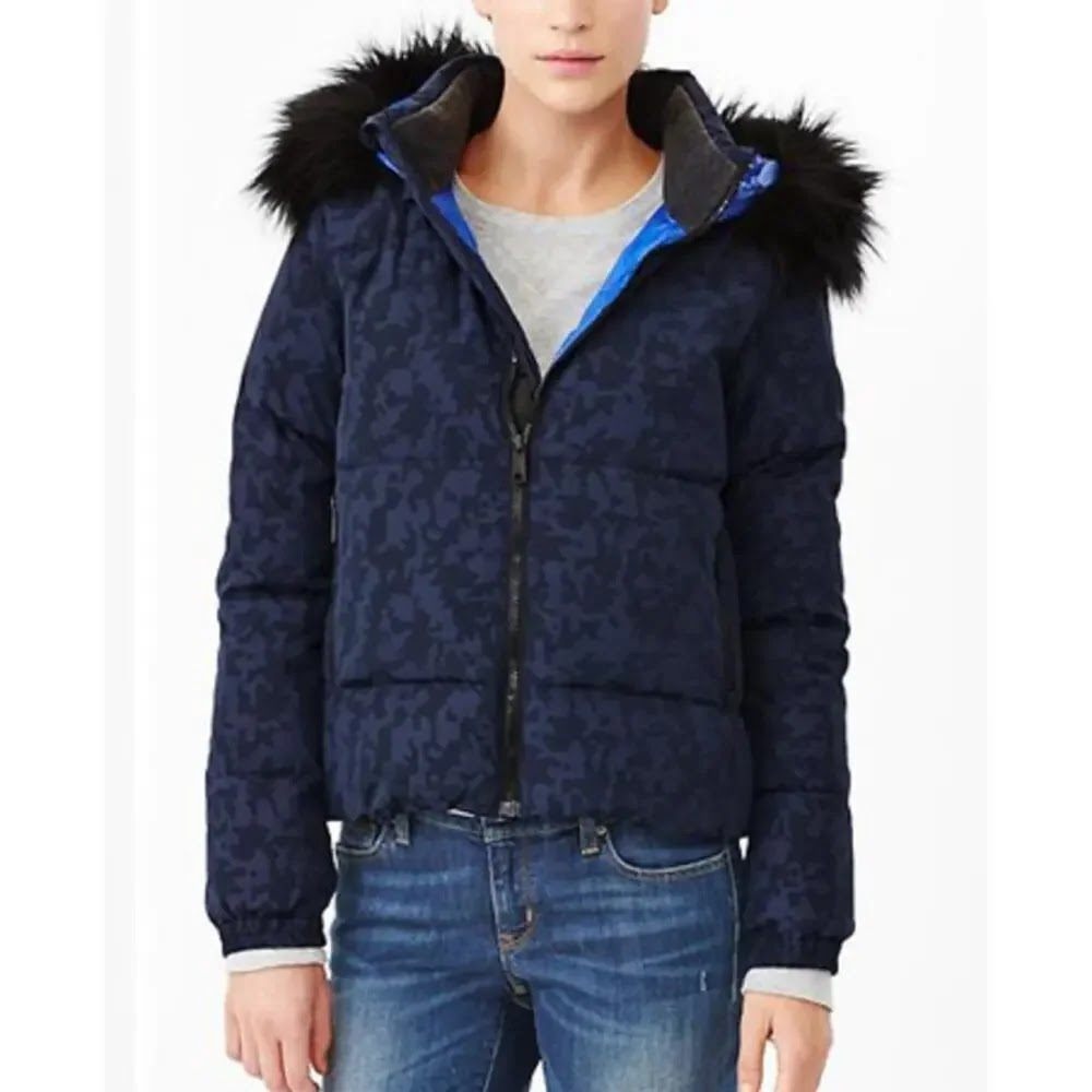 Gap Winter Warmth Camo Puffer Jacket Navy Blue Faux Fur Hood Women's Medium